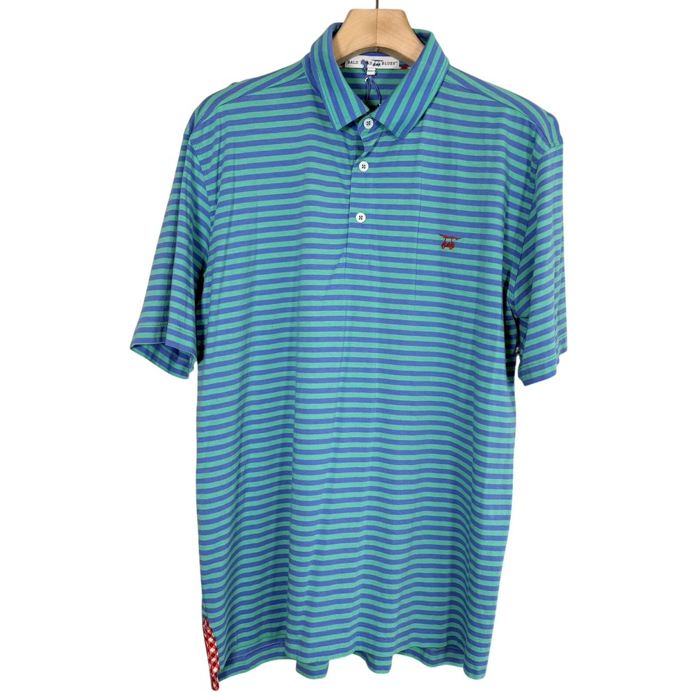 Bald Head Blues Men's East Beach Golf Polo Shirt XL Green Blue Striped 100% Pima